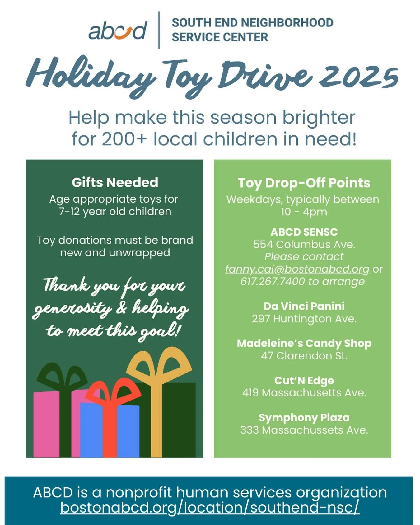Help ABCD SENSC meet its goal of providing gifts to 200+ local children in need this holiday season! 🎁&hearts;️