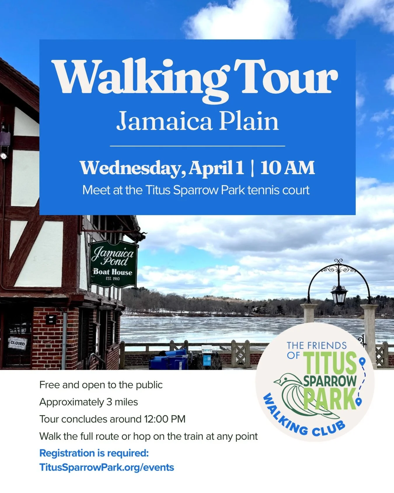 Join the Friends of Titus Sparrow Walking Club tomorrow for an exploration of Jamaica Plain! 

We&rsquo;ll stroll along Centre Street through JP&rsquo;s vibrant commercial core, visit the 1760 Loring-Greenough House and the historic 1735 Stone Mile M