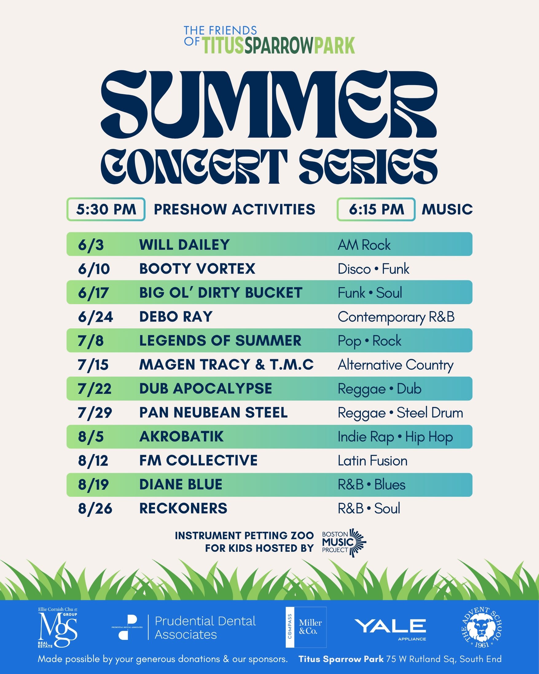 The Titus Sparrow Park Summer Concert Series is Back! 🎶  We&rsquo;re thrilled to welcome you to another season of incredible live performances all summer long!

Join us every Wednesday evening from June through August as neighbors gather to enjoy fr