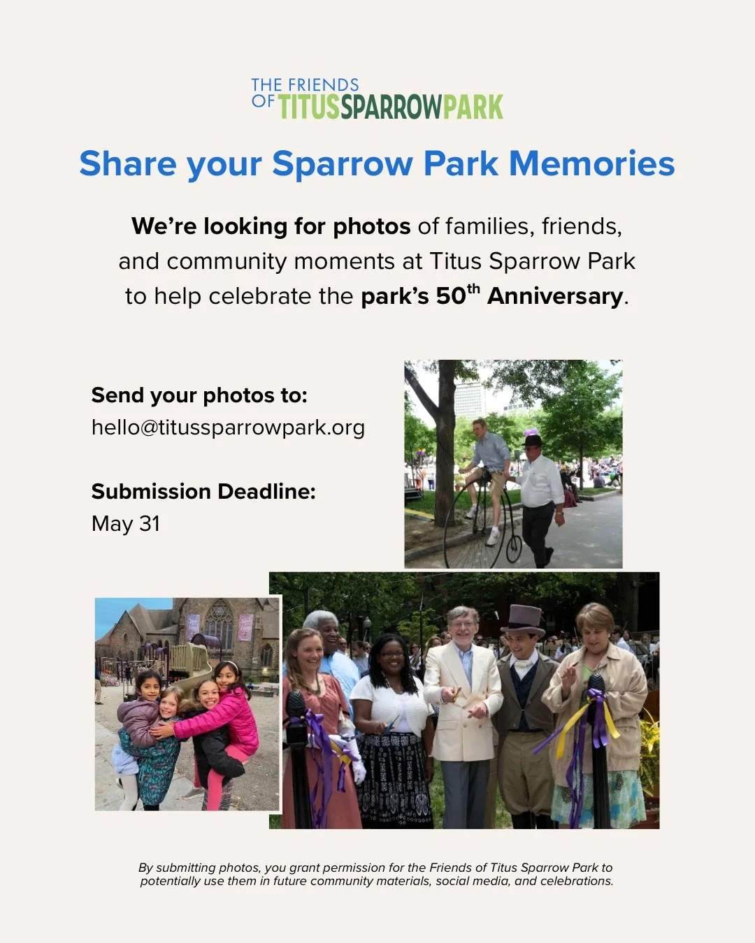 SHARE YOUR TITUS SPARROW PARK MEMORIES 📸

We&rsquo;re looking for photos of families, friends, and community moments at Titus Sparrow Park to help celebrate the park&rsquo;s 50th anniversary. 

Please send your photos to: hello@titussparrowpark.org
