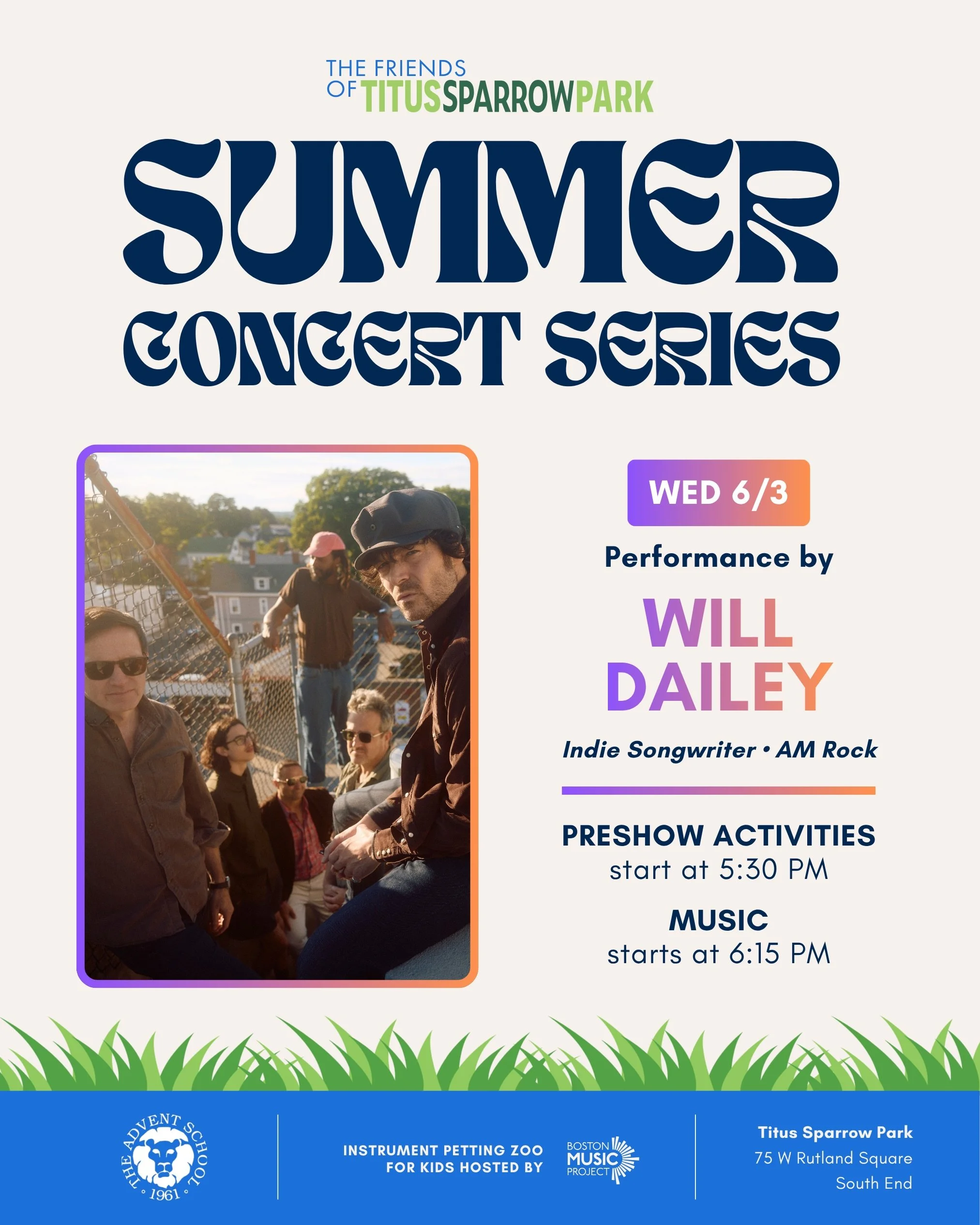 Concert season is back! Join us on Wednesday as the Titus Sparrow Park Summer Concert Series returns with a free performance by Boston&rsquo;s own Will Dailey made possible by @adventschool. Bring a blanket, grab takeout from a local restaurant, and 