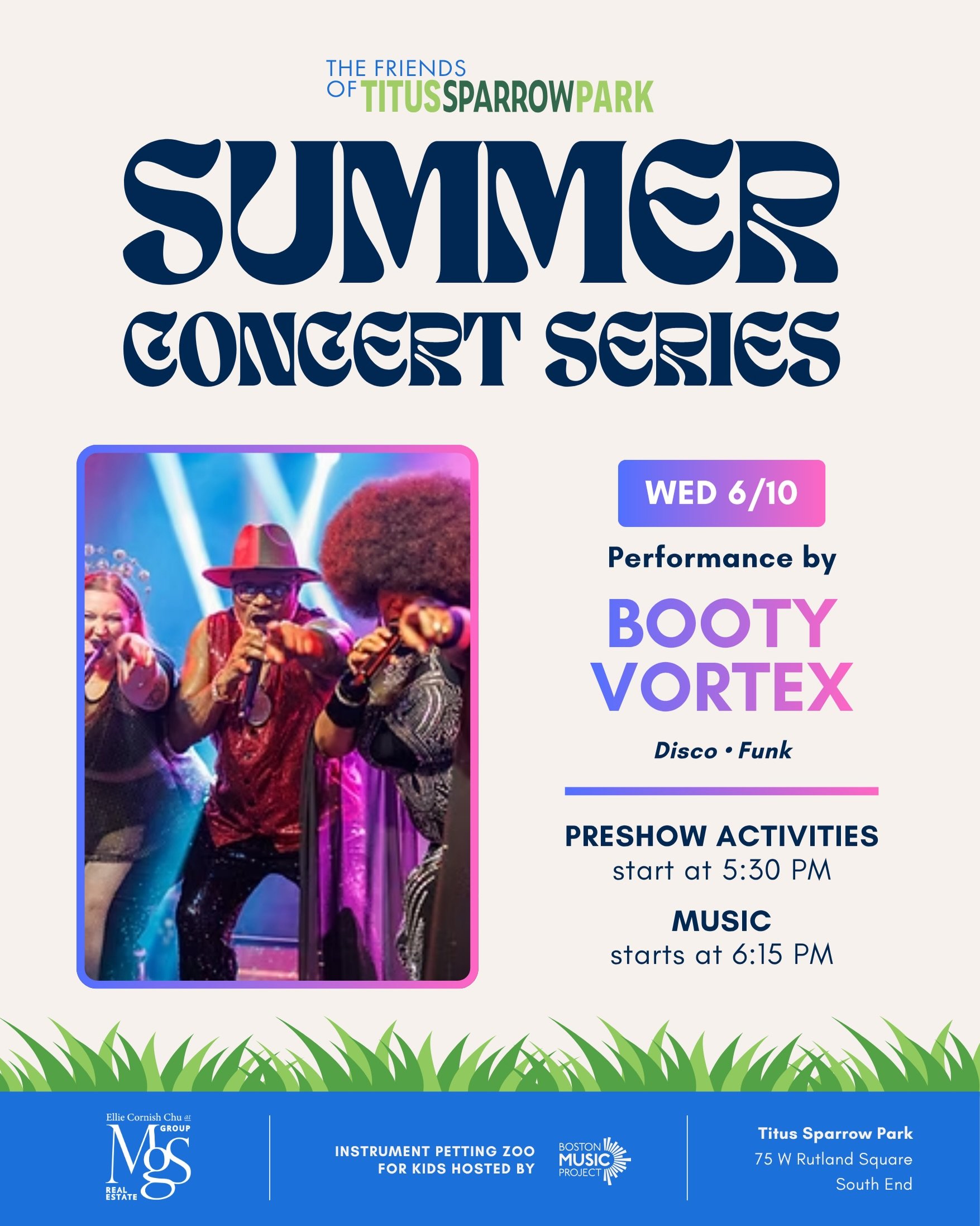 @shakeyourbootyvortex is back at the park this Wednesday evening! Known for their high-energy performances and interactive entertainment, Booty Vortex always gets the crowd moving and singing along. Bring a blanket, grab takeout from your favorite lo