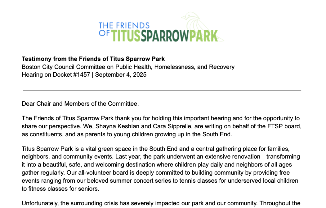 Testimony from the Friends of Titus Sparrow Park to the Boston City Council Committee