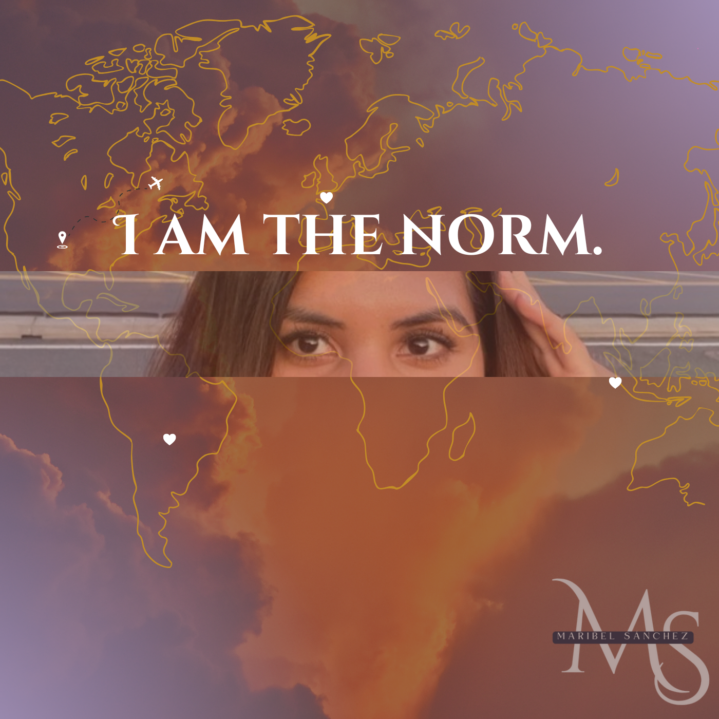 World map drawn out with artists eyes in the middle transparently blended in the mix of the map and other pink, orange, purple filters