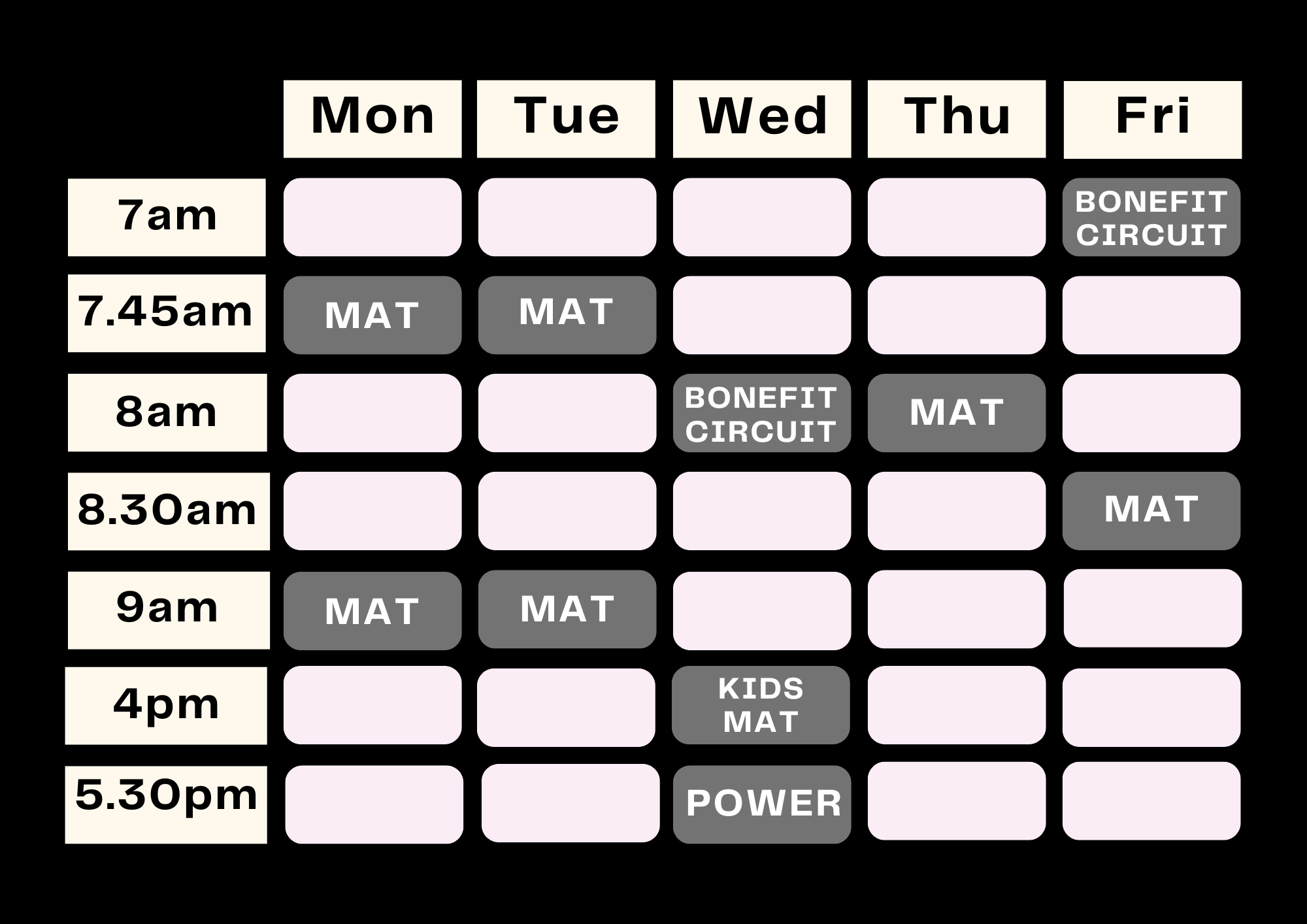 Timetable of classes for summer at Maleny Pilates