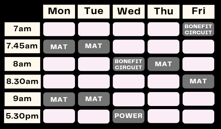 Timetable of classes for summer at Maleny Pilates