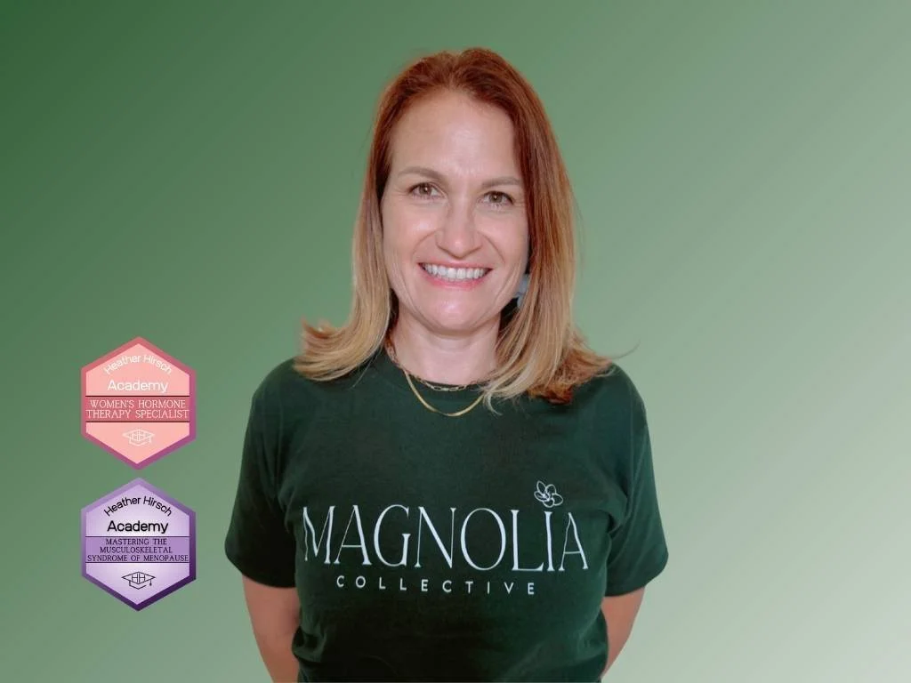 Photo of a woman with shoulder-length blonde hair wearing a black dress with lace sleeves, smiling at the camera, against a green background. There are two overlapping badges on her chest, one pink reading 'Heather Hirsch Academy Women's Hormone Therapy Specialist' and one purple reading 'Heather Hirsch Academy Mastering the Musculoskeletal Syndrome of Menopause.'