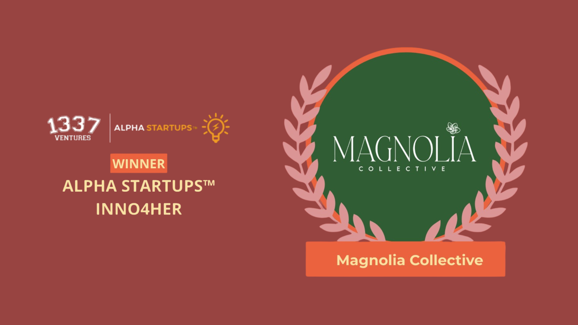 Magnolia Collective awarded as Top 2 Winner in the Alpha Startups™ INNO4HER by 1337 Ventures