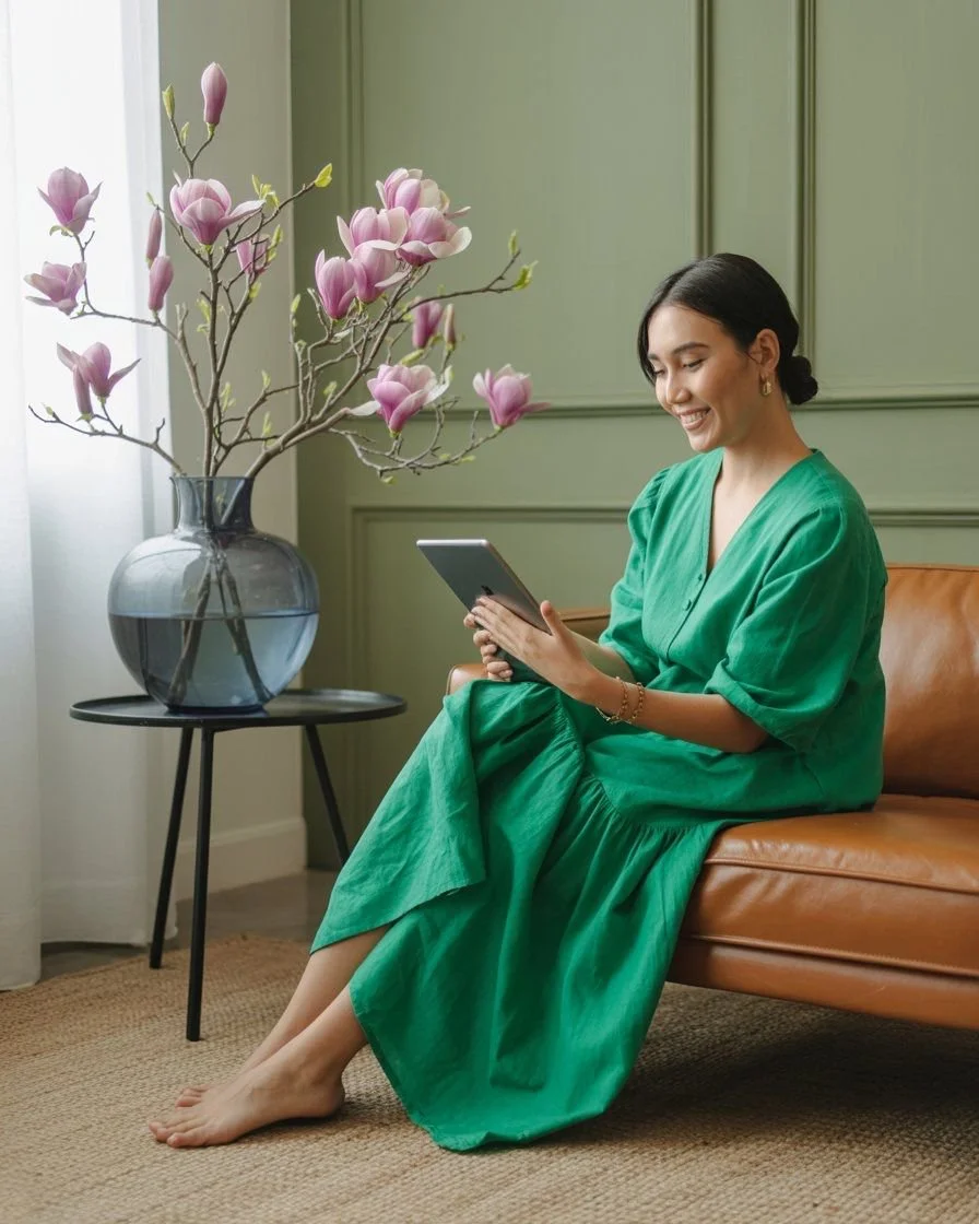 A woman in a green dress sitting on a brown leather couch, holding a tablet, smiling, next to a black side table with a large vase of pink magnolia flowers, in a room with green walls and natural lighting.