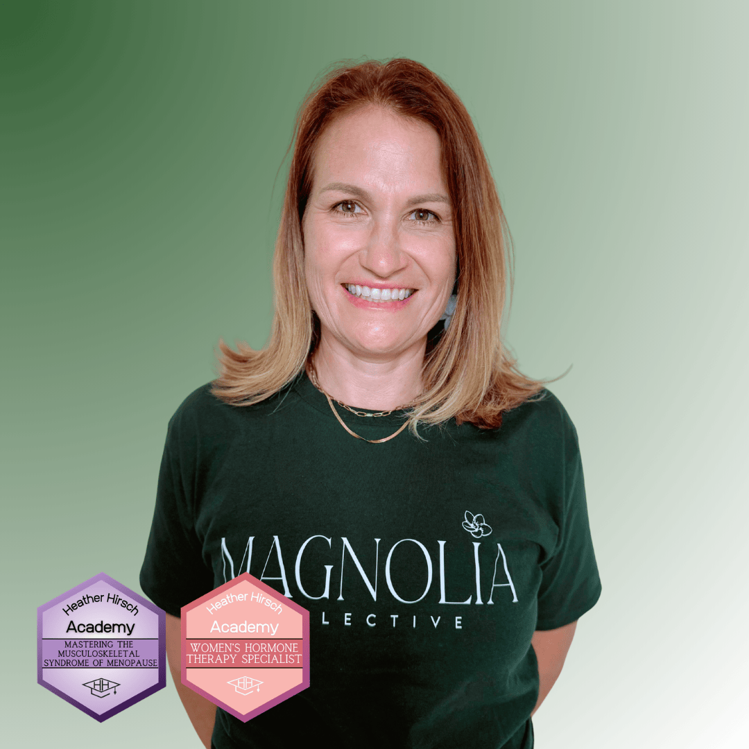 Photo of a woman with shoulder-length blonde hair wearing a black dress with lace sleeves, smiling at the camera, against a green background. There are two overlapping badges on her chest, one pink reading 'Heather Hirsch Academy Women's Hormone Therapy Specialist' and one purple reading 'Heather Hirsch Academy Mastering the Musculoskeletal Syndrome of Menopause.'