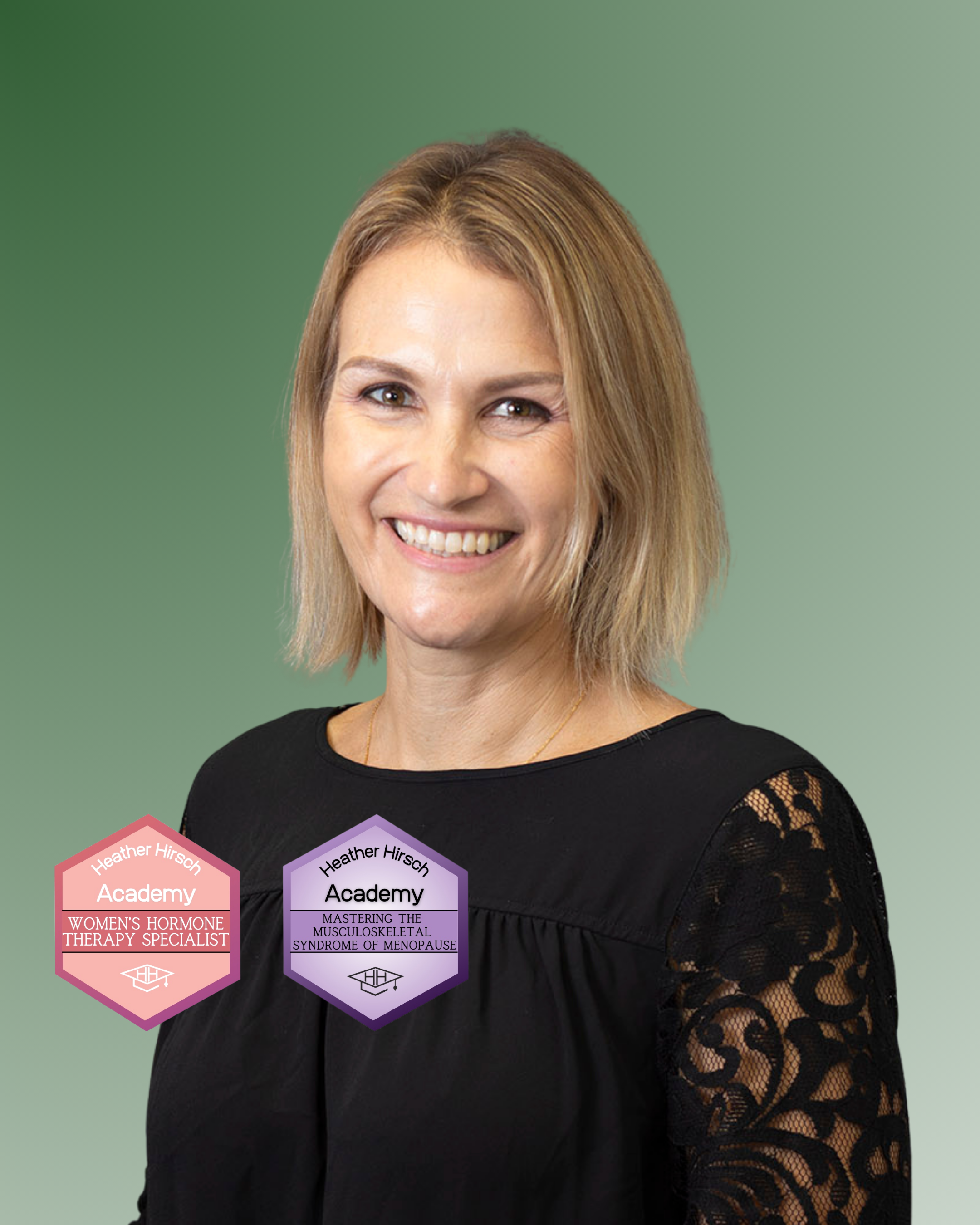 Photo of a woman with shoulder-length blonde hair wearing a black dress with lace sleeves, smiling at the camera, against a green background. There are two overlapping badges on her chest, one pink reading 'Heather Hirsch Academy Women's Hormone Therapy Specialist' and one purple reading 'Heather Hirsch Academy Mastering the Musculoskeletal Syndrome of Menopause.'