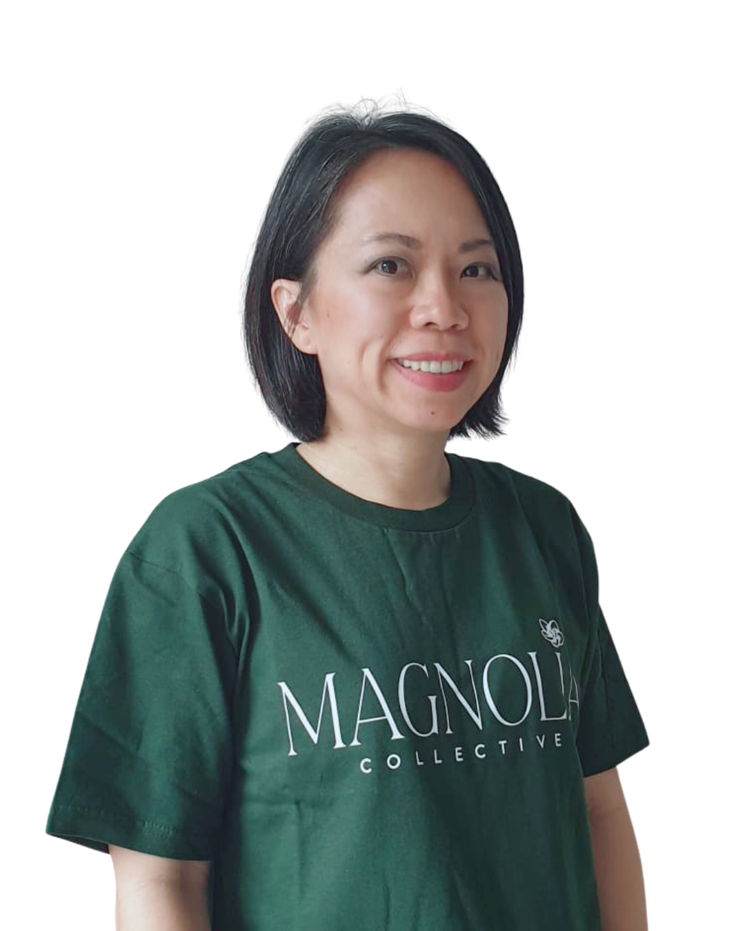 Woman with shoulder-length black hair smiling, wearing a dark green T-shirt with 'Magnolia Collective' logo.