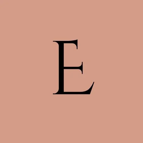 Stylized black letter E on a pink background.