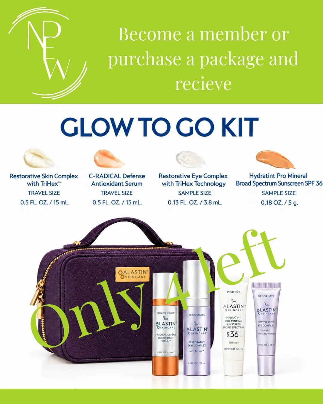 ✨ A little glow gift for your skin
Become a member or purchase a treatment package and receive an #ALASTIN Glow Kit as my gift to you.
Already a member? Book a skin consultation with NP Sarah, plan your year and receive a gift, too.
Only 4 Glow Kits 
