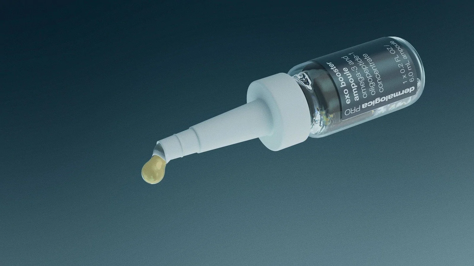 A close-up of a glass ampoule with a white plastic tip and a yellowish liquid droplet, labeled 'emalage PRO' and 'exo boost.'
