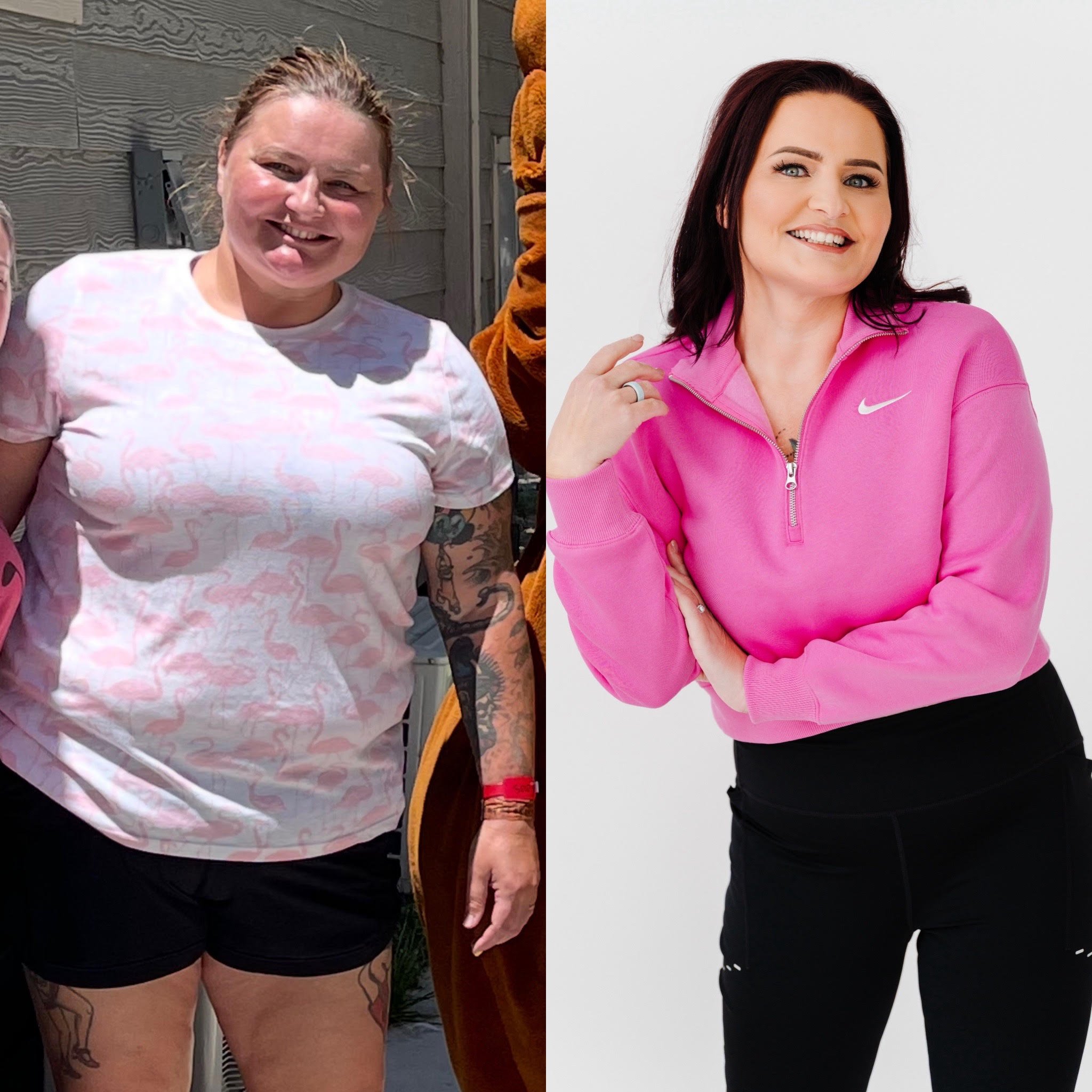 Side-by-side comparison of a woman with tattoos, standing outdoors in casual clothing, and the same woman with styled hair, wearing a bright pink Nike jacket, posing indoors with crossed arms and a smile.