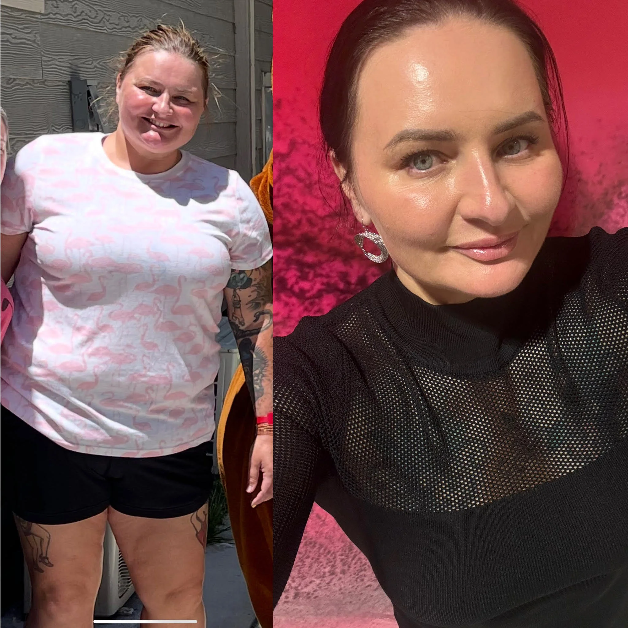 Side-by-side comparison of two women, the woman on the left has tattoos on her arm, light-colored hair tied back, wearing a light-colored t-shirt, and standing outdoors; the woman on the right has dark brown hair, light skin, wearing earrings, and dressed in black, with a background of pink and purple hues.