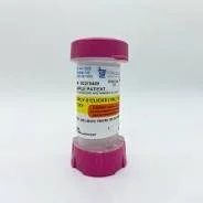 A prescription medication bottle with a pink cap and label, viewed from the front against a white background.
