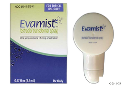 Box and spray bottle of Evamist, an estrogen transdermal spray for topical hormone therapy.