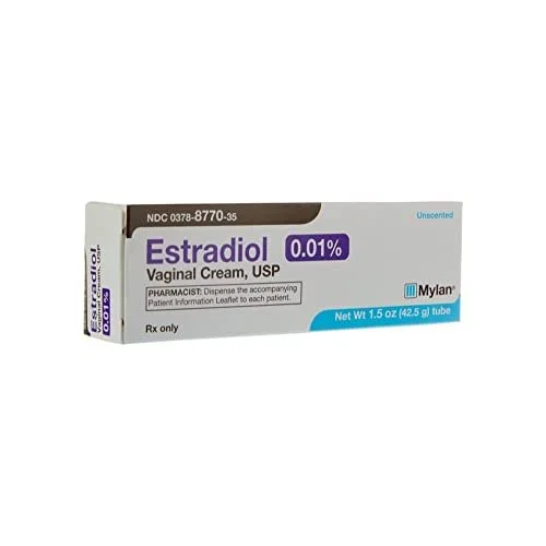 Box of Estradiol Vaginal Cream, USP, 0.01% concentration, manufactured by Mylan, 1.5 oz (42.5 g) tube
