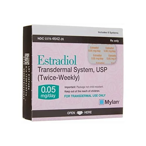 Box of Estradiol transdermal system, USP, twice-weekly, 0.05 mg/day, for transdermal use only, by Mylan.