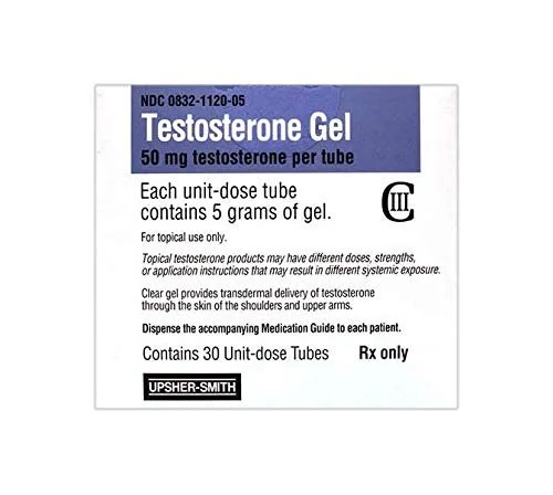 A medication label for testosterone gel, showing the product name, dosage, and quantity of tubes, with instructions for use.