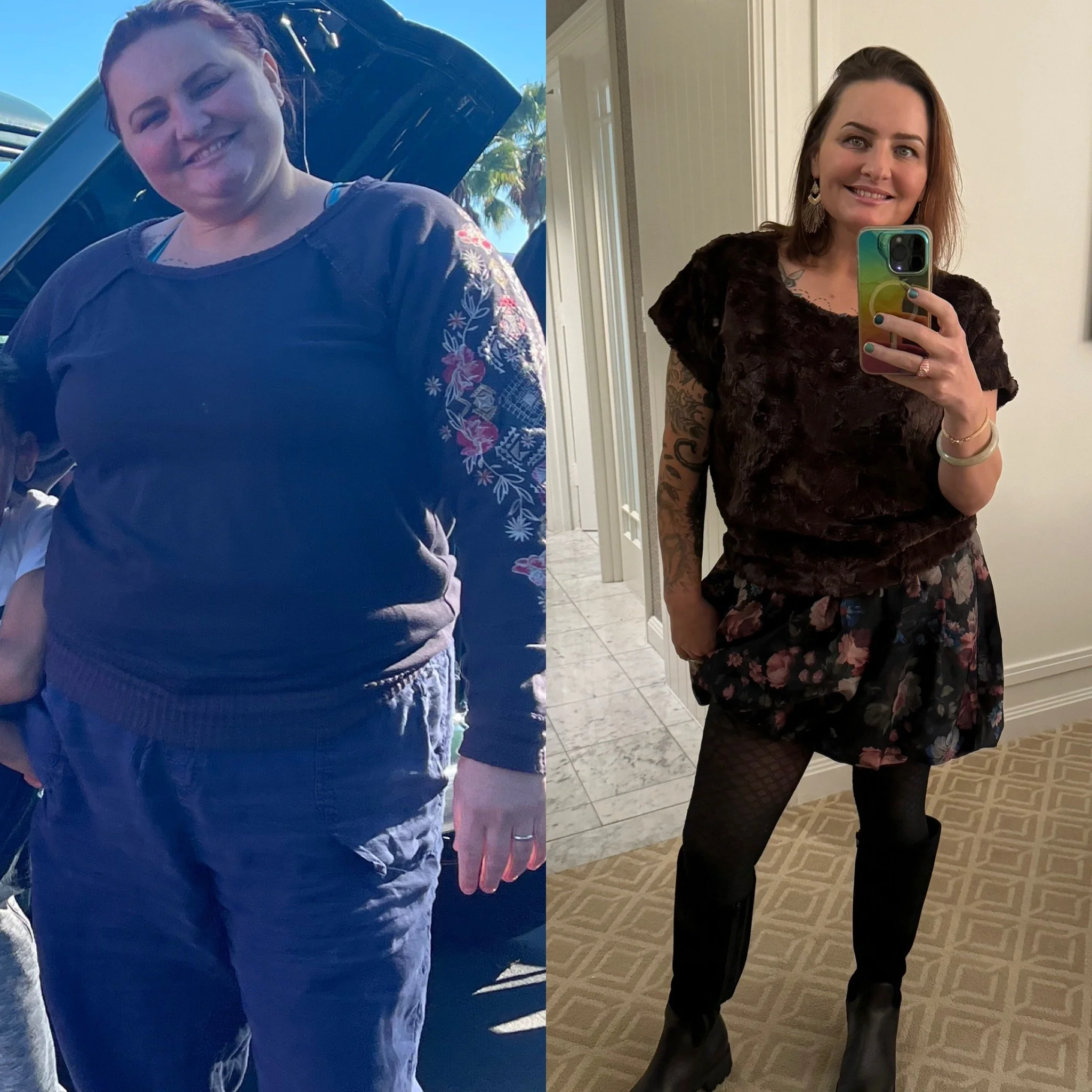 Side-by-side photos of a woman. In the left photo, she is outdoors near a car with palm trees in the background, smiling and wearing a dark shirt with floral embroidery. In the right photo, she is indoors taking a mirror selfie, wearing a dark floral lace dress, earrings, and a bracelet, smiling with painted nails.