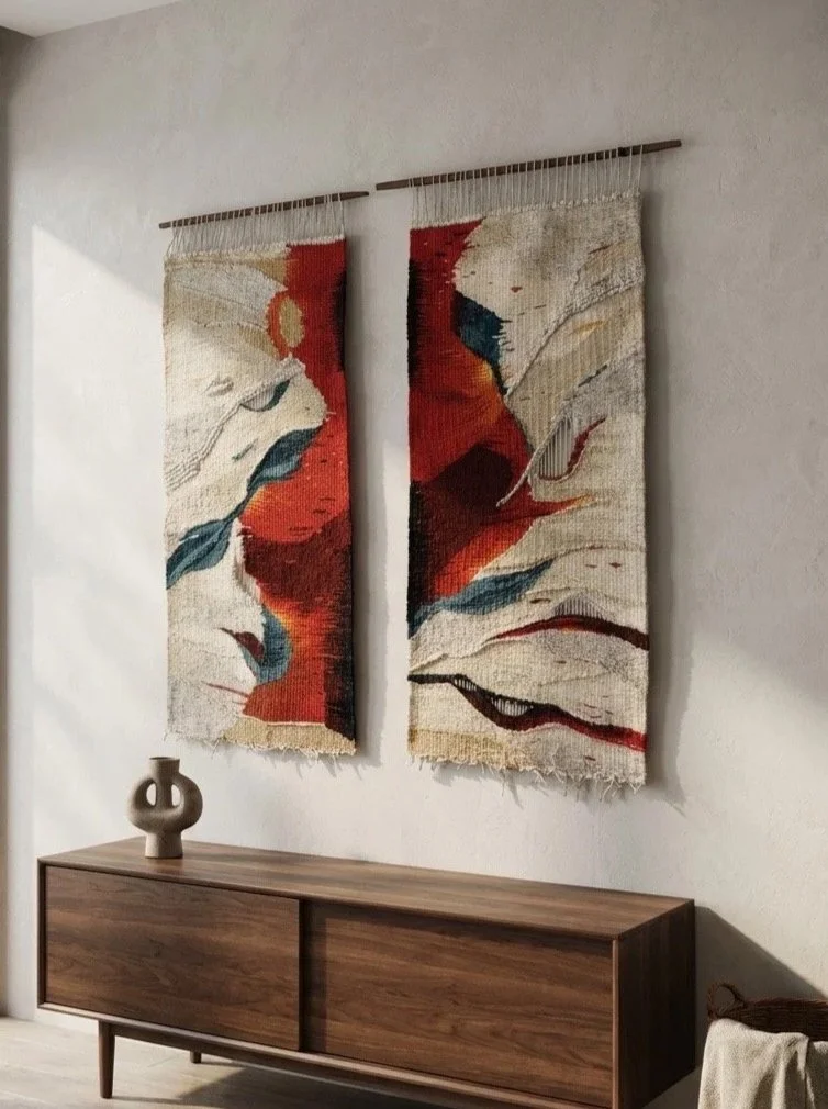 Two abstract woven wall hangings with red, beige, black, and blue colors hanging above a wooden console table with a ceramic vase on it.
