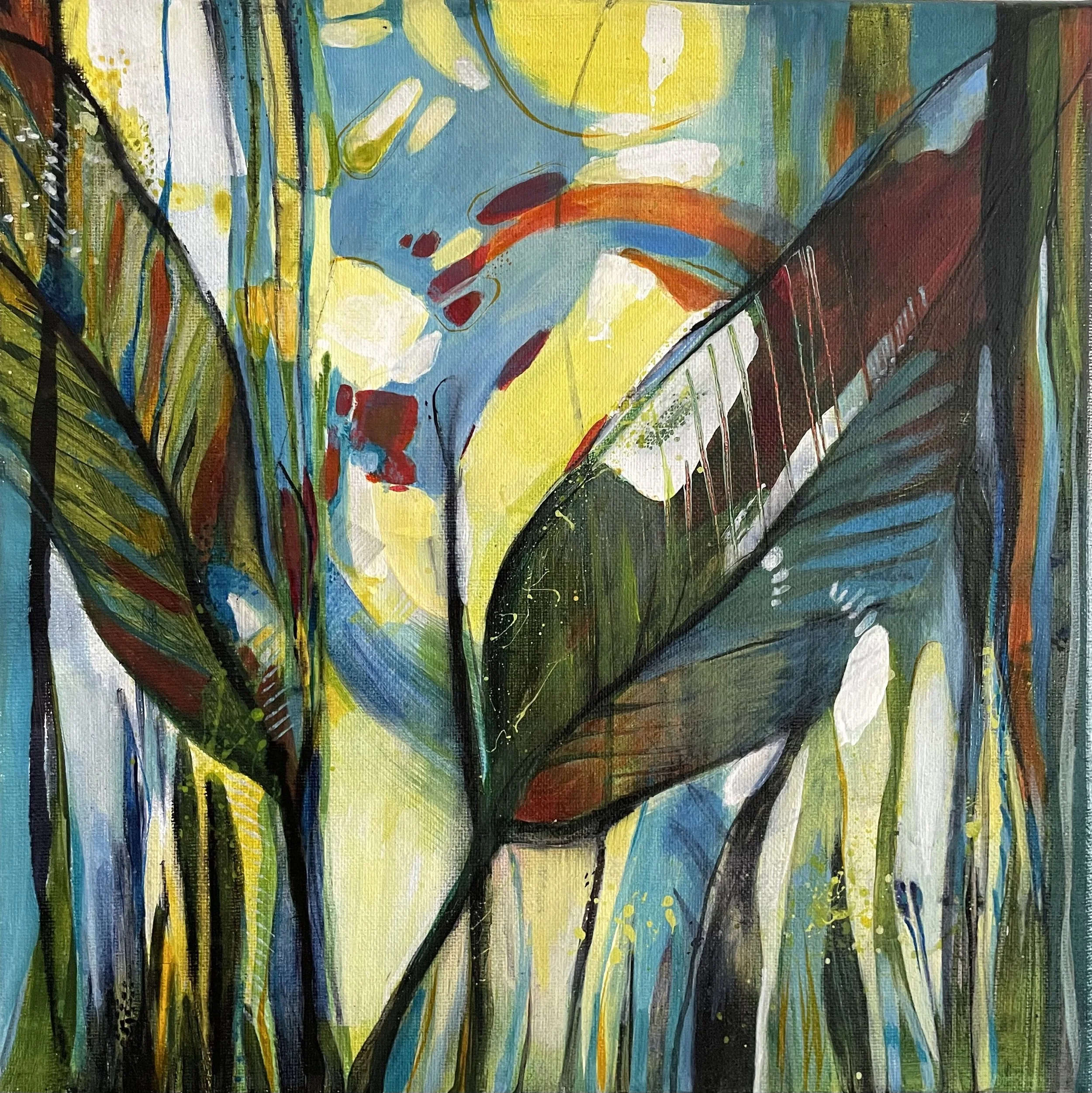 Abstract painting featuring large green and dark leaves with colorful background accents in yellow, blue, red, and white.