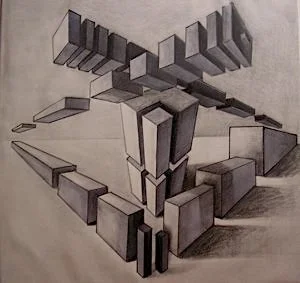 A geometric abstract drawing featuring a 3D structure of interconnected rectangular blocks.