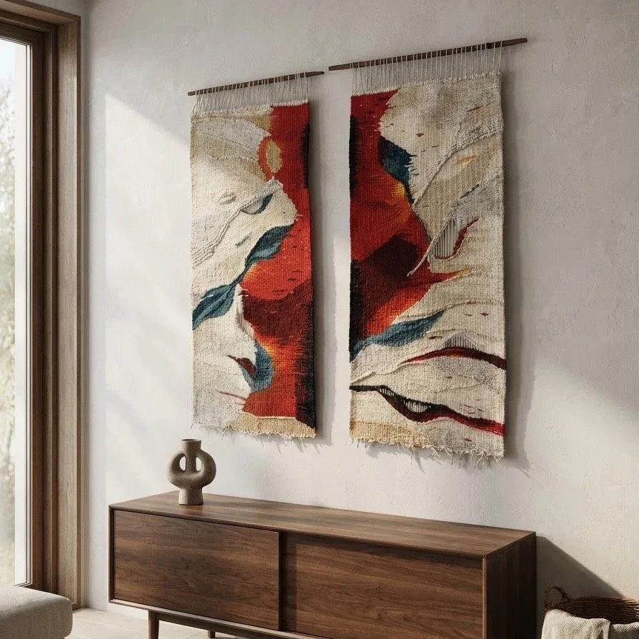 "Balkan" Aneliya Chalakova / Textile Two abstract woven wall hangings with red, beige, cream, blue, and black colors, hanging on a wooden rod above a wooden sideboard in a living room.