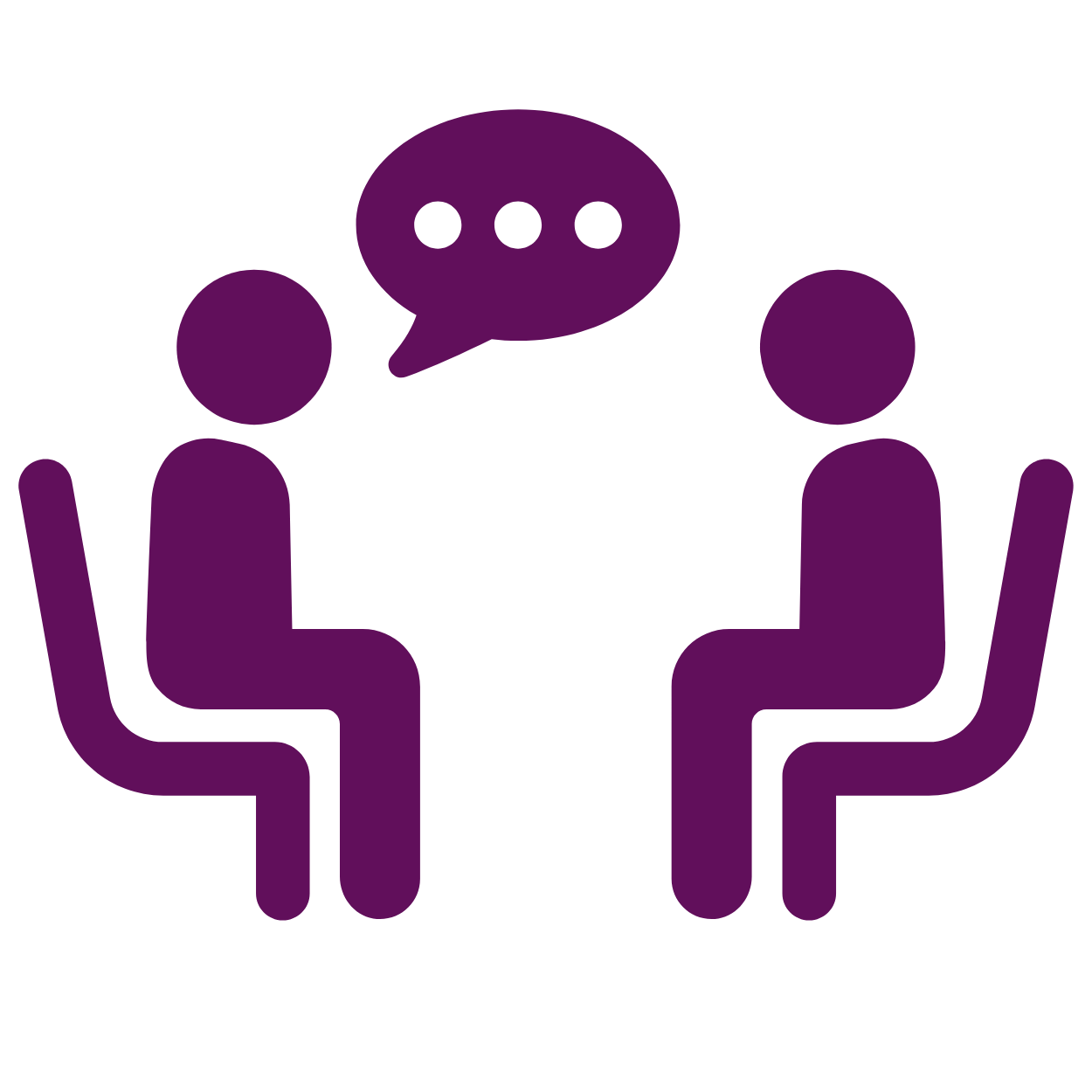 Icon of two people sitting on chairs facing each other, with a speech bubble containing three dots between them, representing conversation.