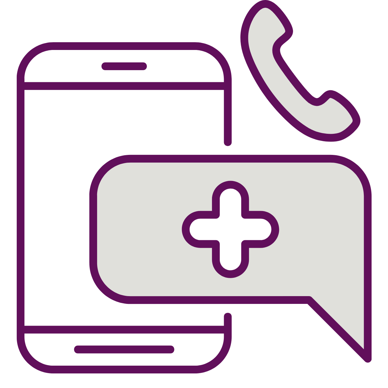 Icon of a smartphone with a medical cross on the screen and a speech bubble, and a telephone receiver above it.
