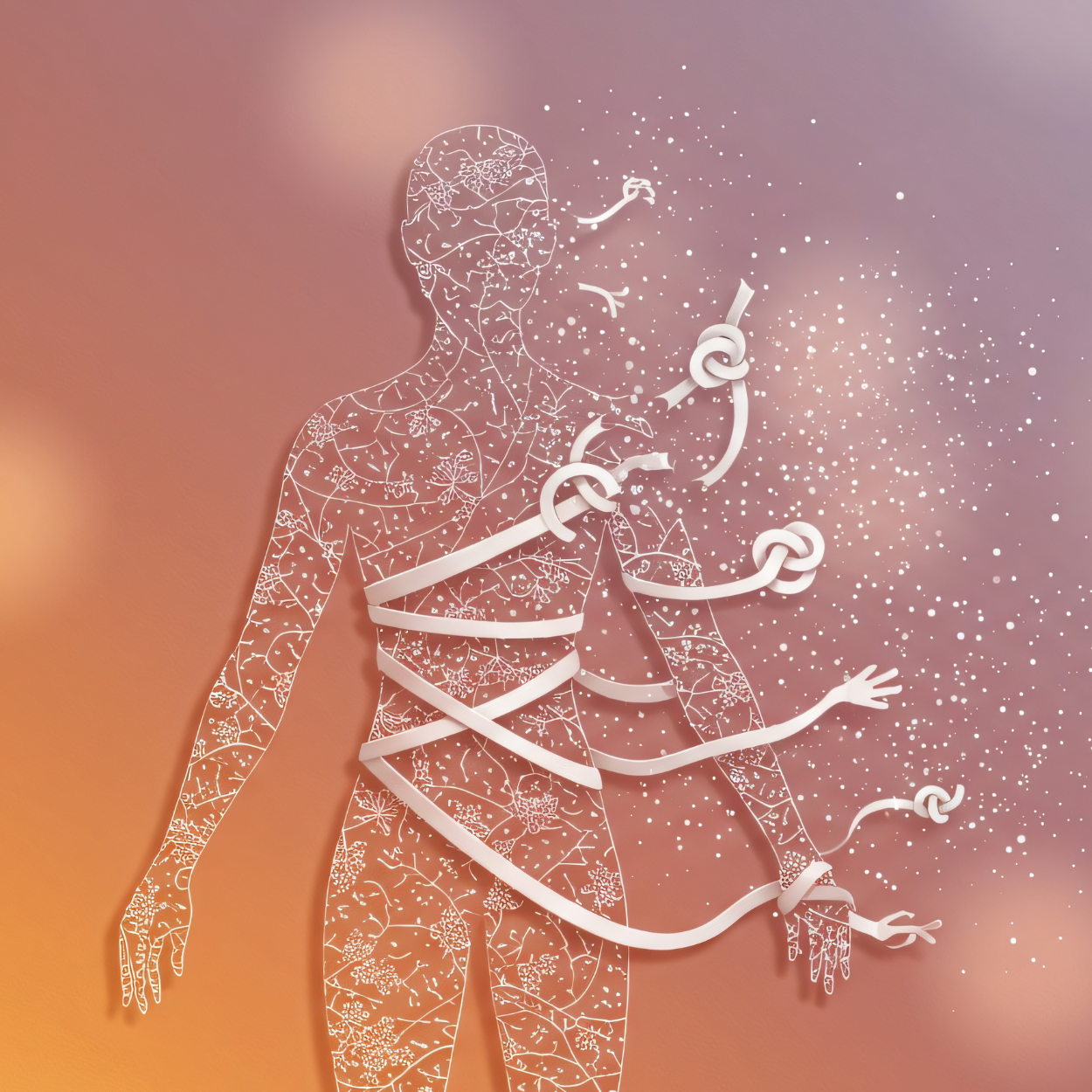 A stylized wireframe illustration of a human figure with white lines and symbols representing veins or pathways on a gradient background. Some parts of the figure's body are connected with 3D white knots and ribbons, with dust-like particles dispersing from the head area.