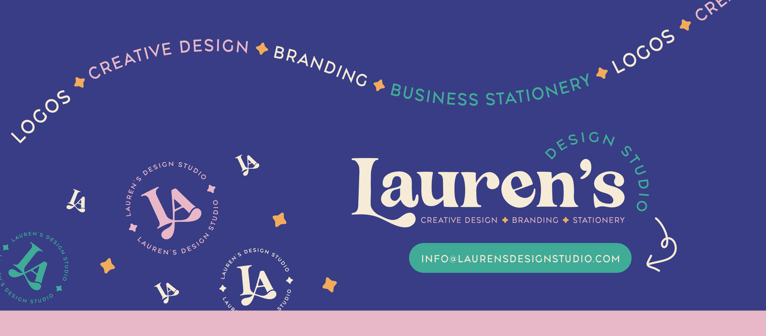 Business branding graphic for Lauren's Design Studio featuring colorful logo variations, contact email, and thematic words like creative design, branding, stationery, logos, and branding on a dark blue background with pink accents.