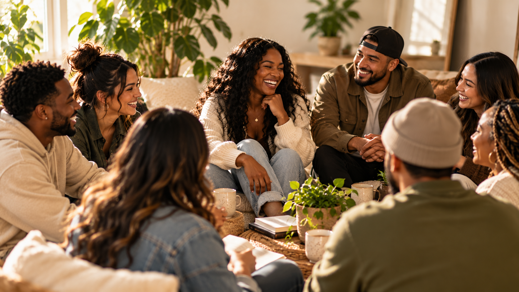 A group of friends sitting together indoors, smiling and laughing, having a conversation.