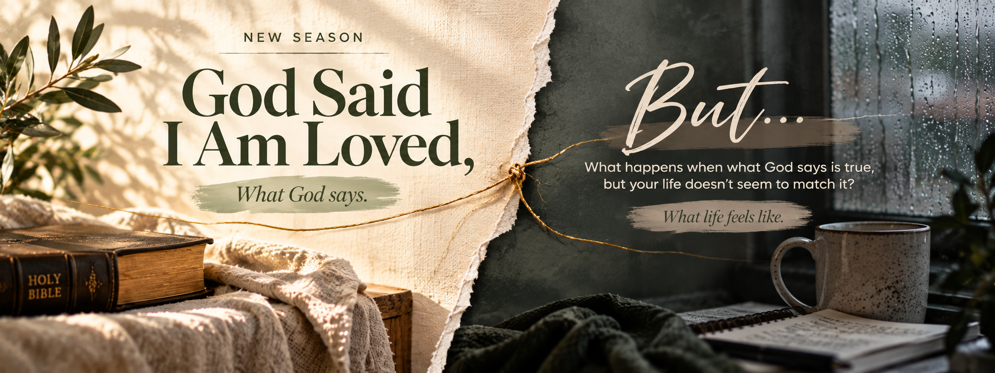 Split-screen image with religious quote. The left side shows a Bible, plants, and warm lighting. The right side has a window with rain, a mug, and an open book, with text about God's words and life's challenges.