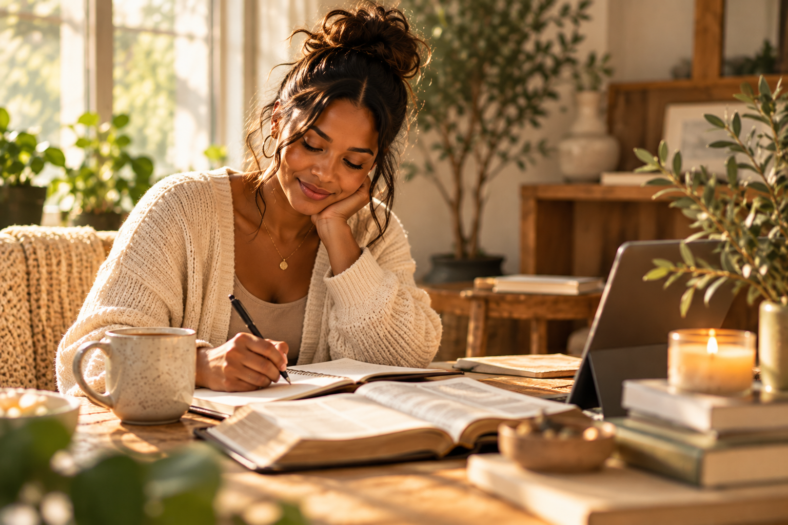 A woman sitting at a wooden table, reading and writing in a notebook, surrounded by open books, a mug, a lit candle, and plants, in a cozy, sunlit room.