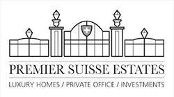 Logo von Premier Suisse Estates mit einer stilisierten, königsblauen, eleganten Hotel- oder Wohnanlage mit Türmen und einer Wappen-Schild am Eingang, darunter deutscher Text