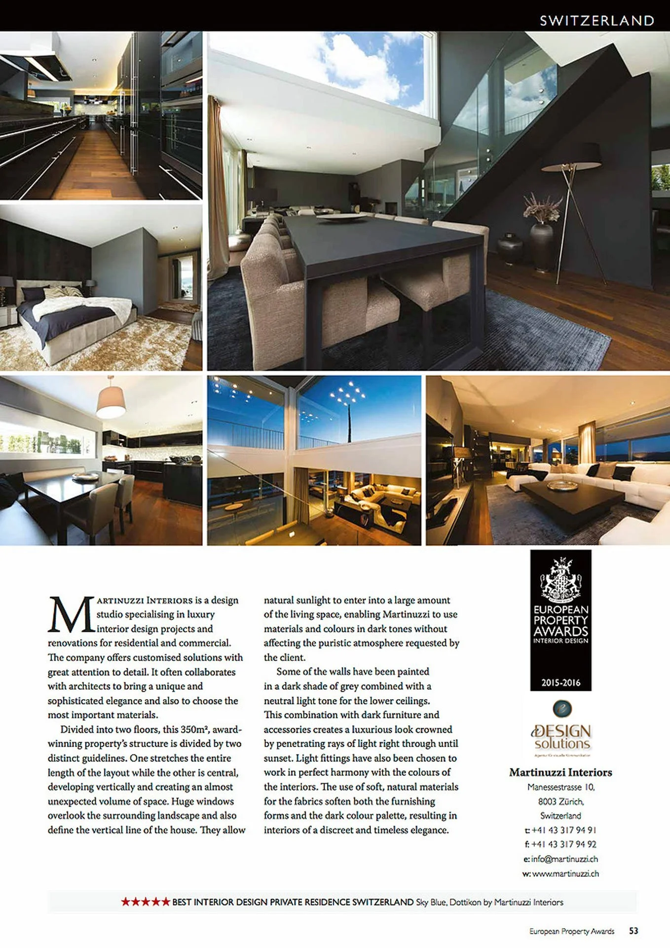 Inneneinblicke eines luxuriösen Hauses in der Schweiz mit mehreren modernen, stilvollen Räumen, darunter ein Wohnzimmer, Schlafzimmer, Esszimmer und eine offene Küche, alles mit eleganter dunkler Einrichtung, großen Fenstern und stilvoller Beleuchtung.