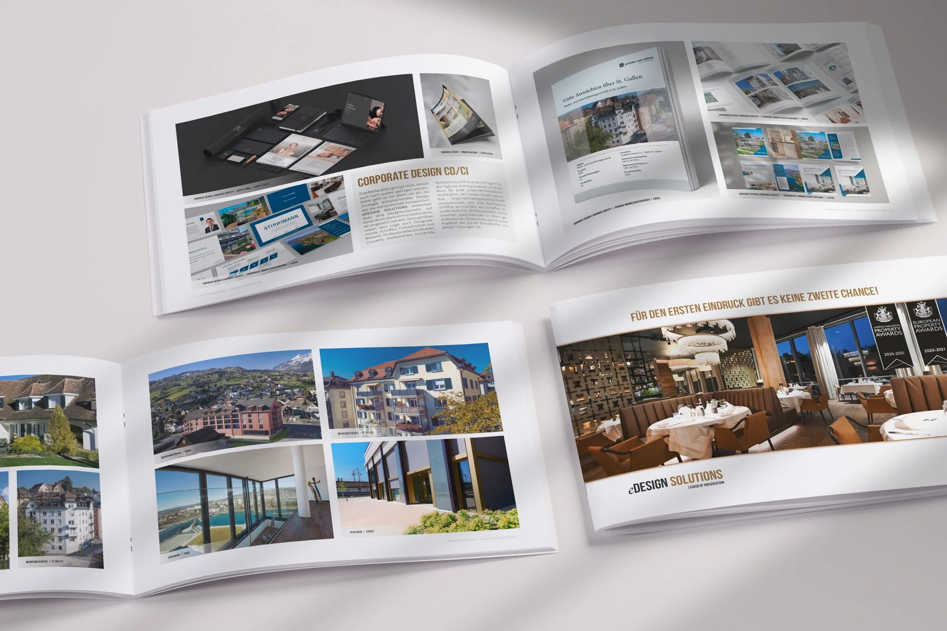 Hochwertige Immobilien- und Architektur-Broschüren mit modernem Layout – Beispiel für Exposé-Gestaltung und Printdesign im Immobilienmarketing.