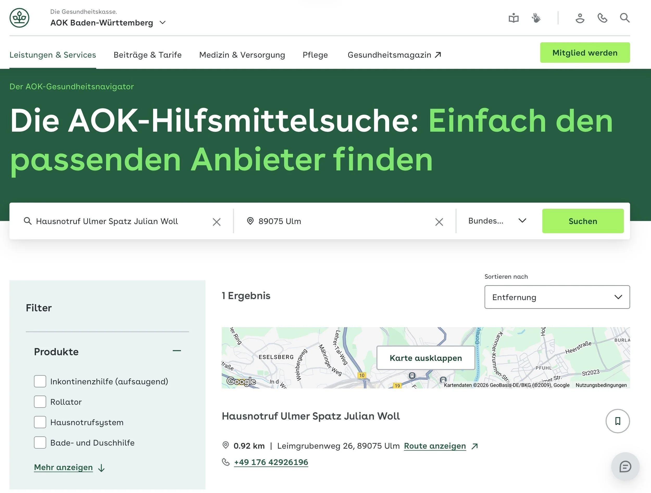 Screenshot der AOK Hilfsmittelsuche mit dem Suchbegriff „Hausnotruf Ulm“. Als Vertragspartner wird ausschließlich der Hausnotruf Ulmer Spatz angezeigt.