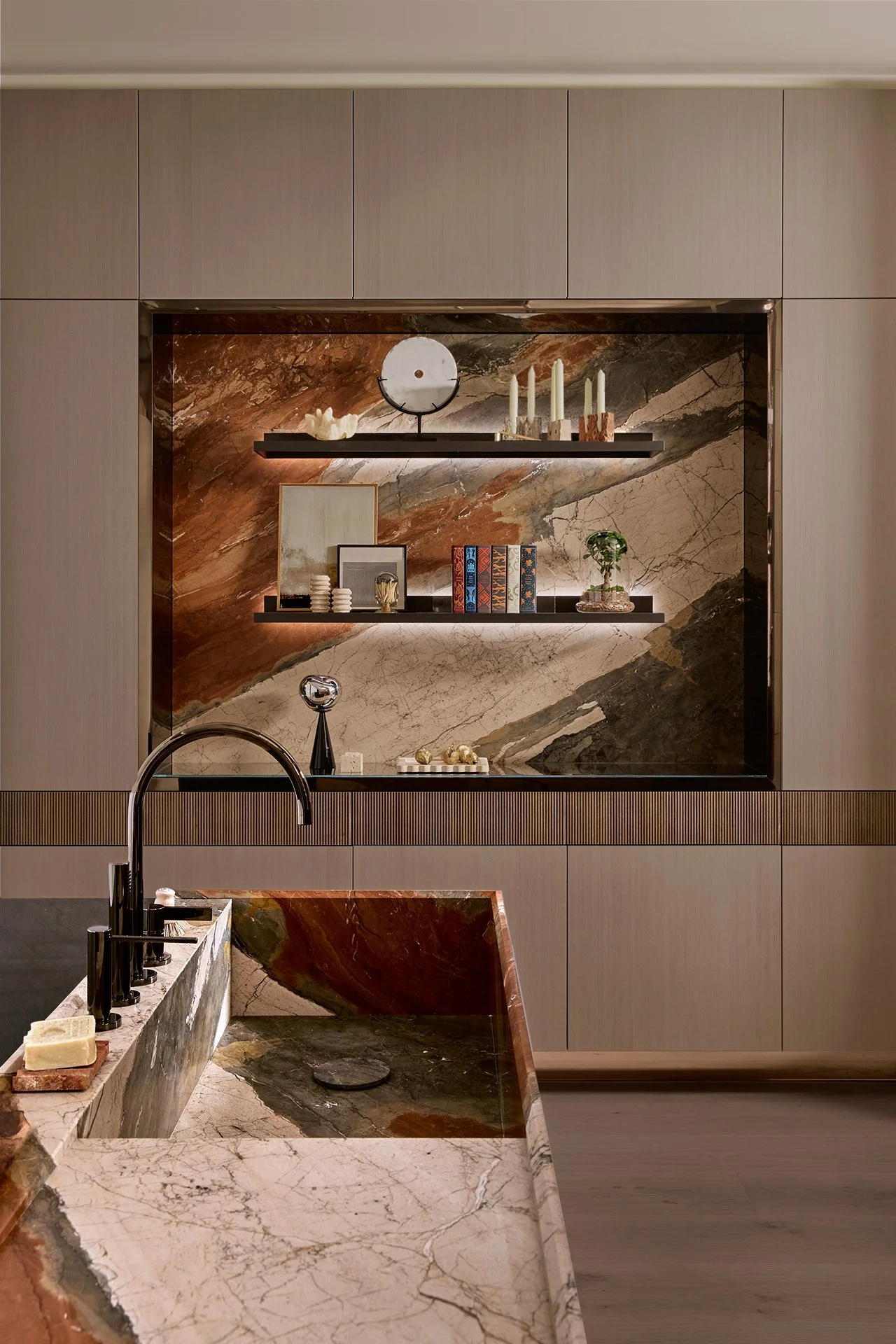 modern kitchen with luxurious marble stone basin and splashback