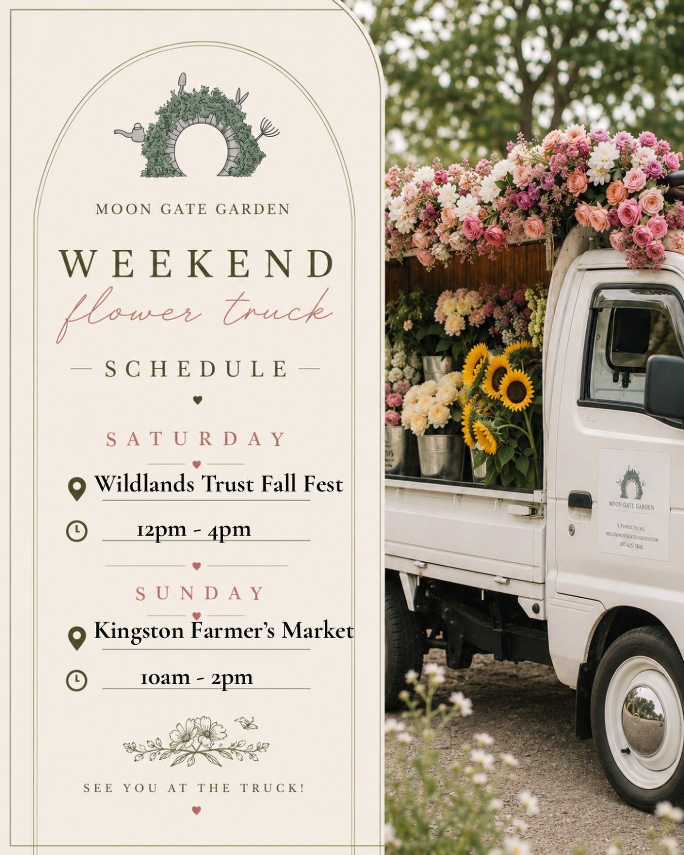 Weekend flower truck schedule 🌸🍂

October is here and we&rsquo;re kicking off the first weekend of the month with two stops!

SATURDAY | 12&ndash;4 PM
🍂 Wildlands Trust Fall Fest
Davis-Douglas Farm, Plymouth

SUNDAY | 10 AM&ndash;2 PM
🌸 Kingston 
