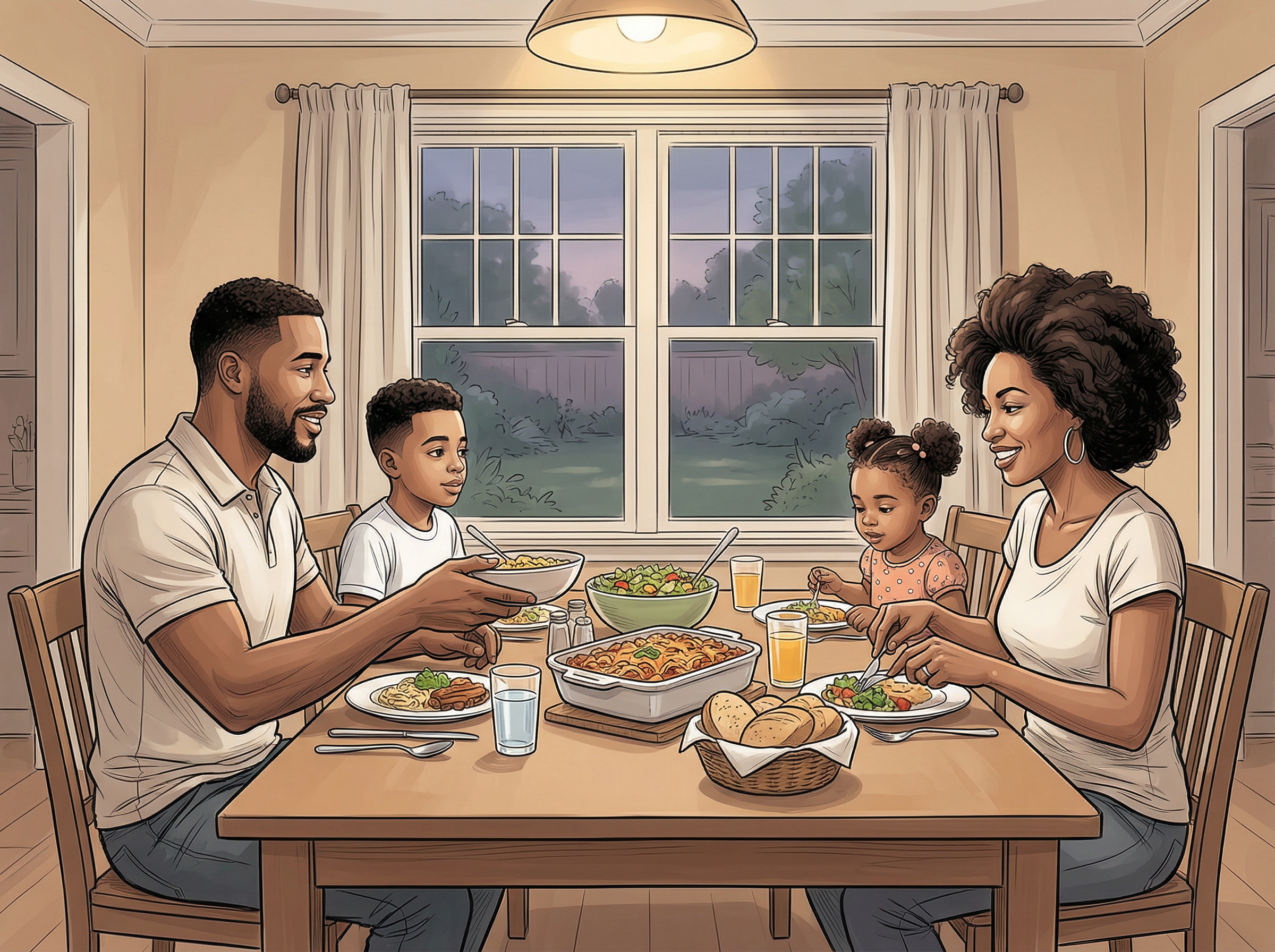 Familia con padres e hijos cenando juntos en el hogar, representando el rol de la familia como primer entorno en la formación de la Personalidad.