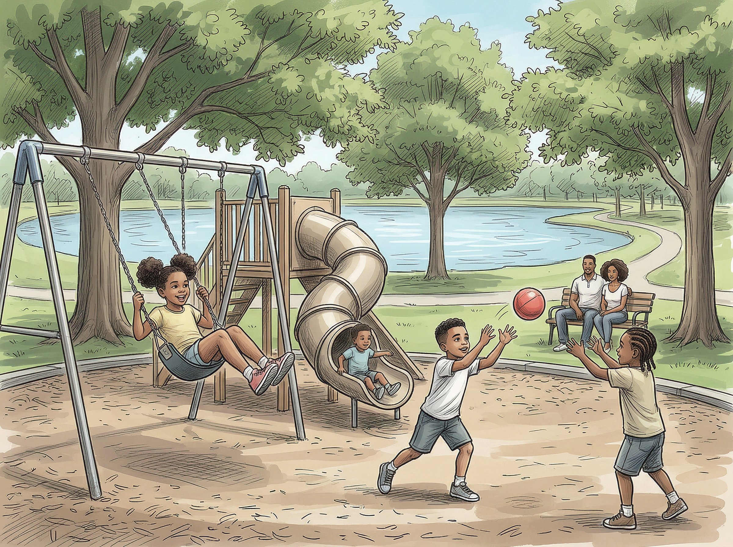 Niños jugando en un parque con hamacas, toboganes y pelota, representando cómo la Personalidad se construye a partir de los comportamientos aprendidos en los entornos de la infancia.