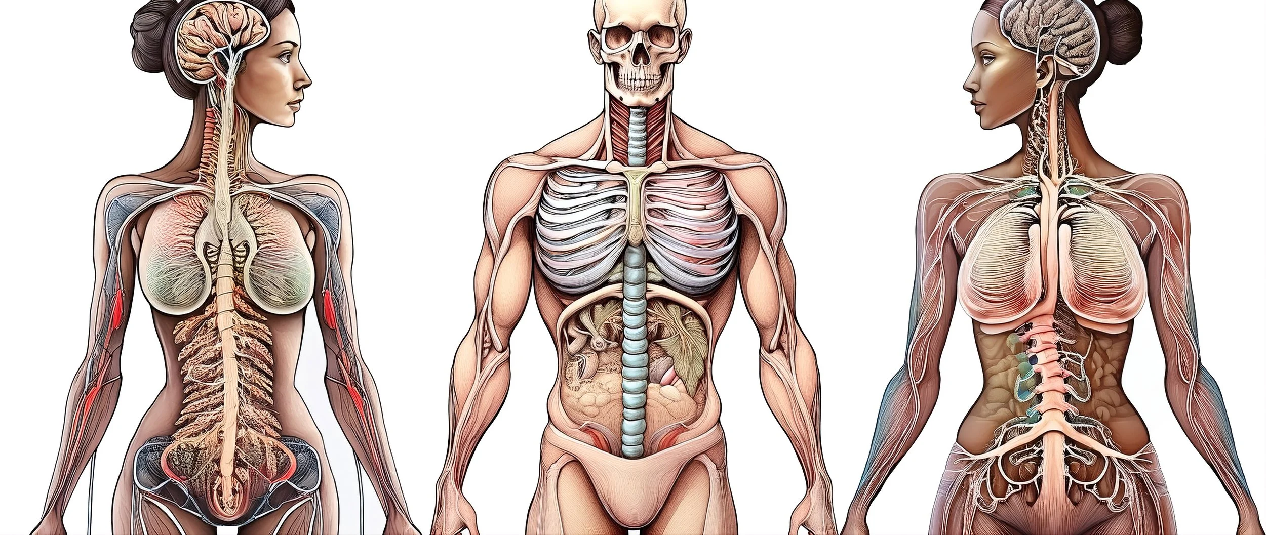 Ilustración de tres figuras humanas representando las tres partes de la psicología en Psicosomatología — la Mente Intelectual, la Mente Emocional y la Mente Física.