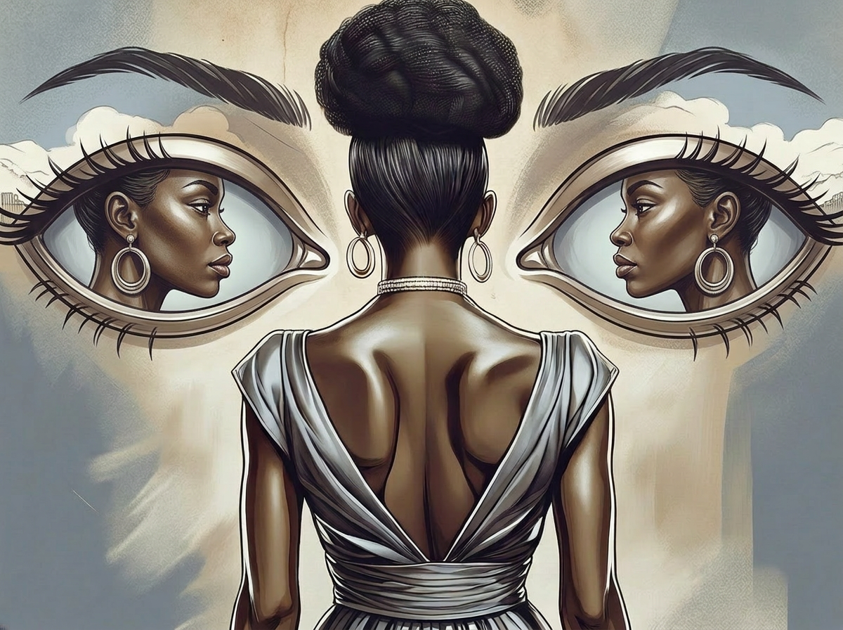 Figura femenina de espaldas frente a dos ojos vacíos con su reflejo dentro, representando la Auto-Observación como herramienta para ver con claridad lo que ocurre en el interior.