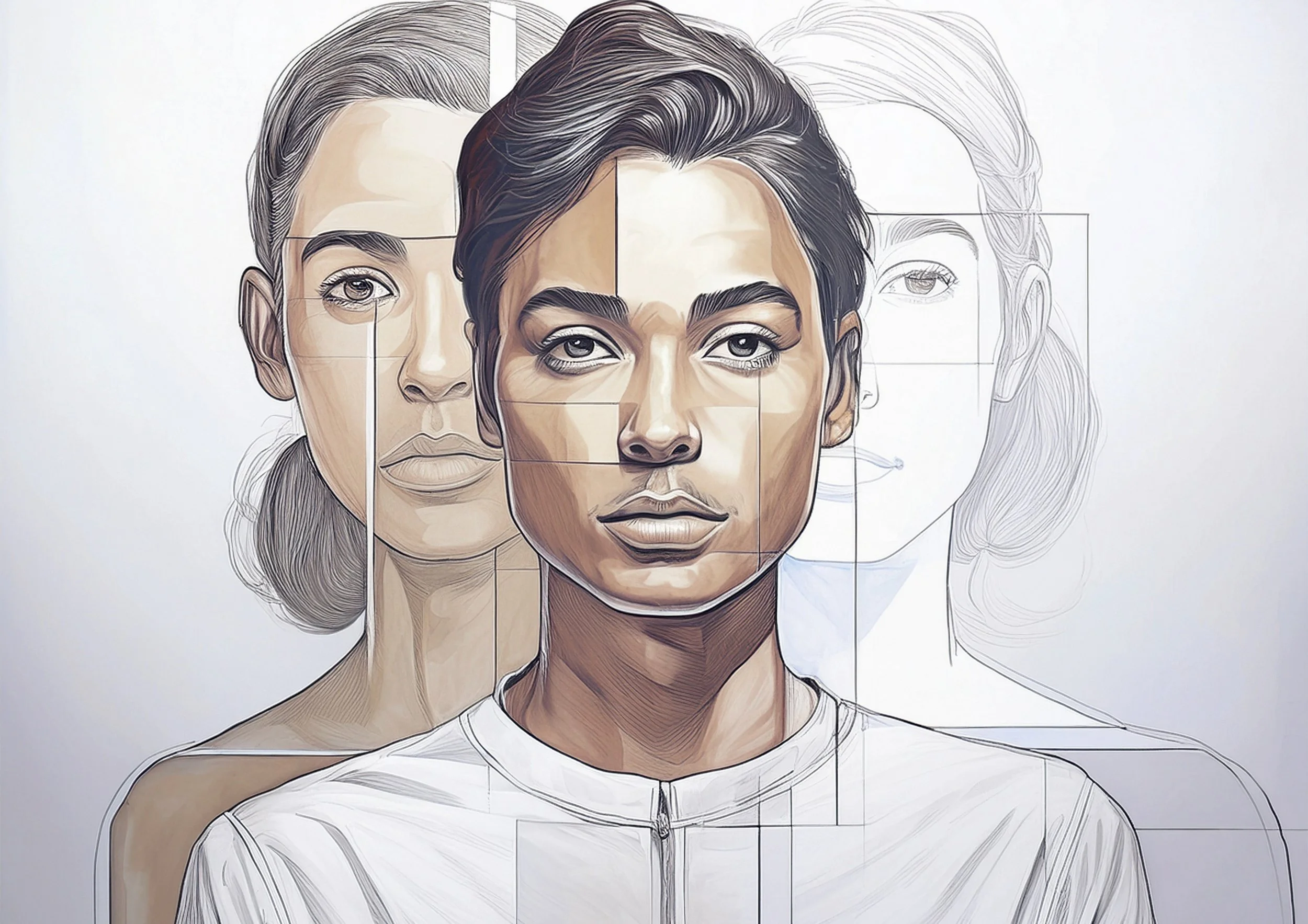 Retrato femenino en estilo cubista con réplicas de la misma figura detrás, representando las múltiples dimensiones y mecanismos que componen la Personalidad.