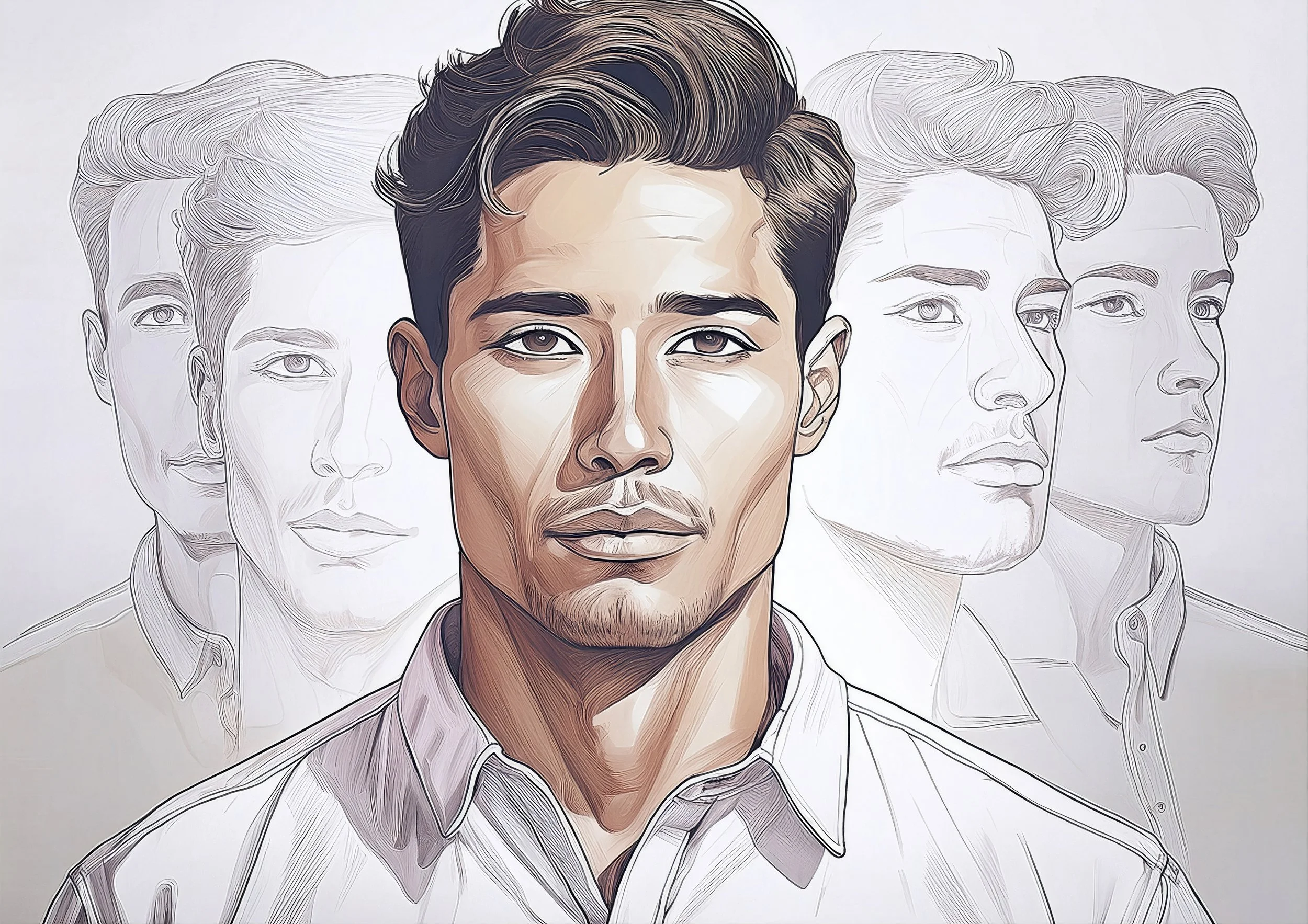 Ilustración de un hombre en primer plano con clones idénticos desvaneciéndose detrás de él, representando cómo la Personalidad se construye a partir de comportamientos aprendidos y repetidos a lo largo de la vida.
